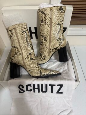 SCHUTZ Beige Snake-Print Block Heel Ankle Boots